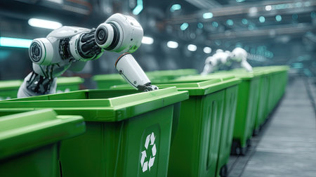 A futuristic scene depicts robots actively sorting waste in a sleek recycling facility. The focus is on automation, showcasing the efficient handling of various materials for a sustainable environment.の素材