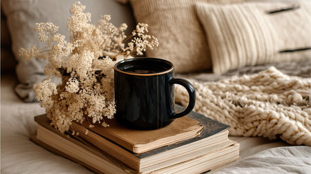 A serene morning setup featuring a cozy arrangement of a coffee cup, stacked books, and dried flowers on a soft blanket, creating a warm and inviting atmosphere.の素材