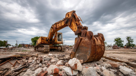 A weathered excavator stands prominently at a construction site amidst rubble under a dramatic cloudy sky, showcasing industrial strength and earth-moving capabilities.の素材