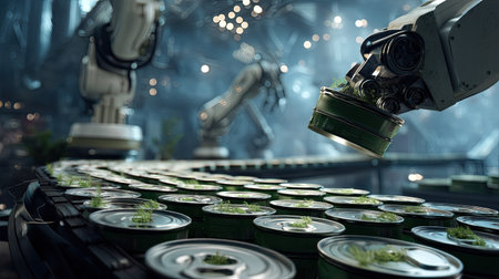 Explore the cutting-edge world of robotics in manufacturing, showcasing automated arms working in harmony to enhance production efficiency and sustainability.の素材