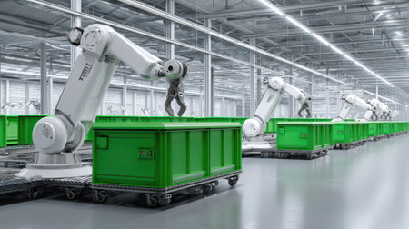 A futuristic warehouse scene showcasing robotic arms efficiently handling green storage bins. The design illustrates modern automation in logistics and production.の素材