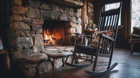 A charming rustic rocking chair positioned by a stone fireplace, exuding coziness and warmth. This cabin setting invites relaxation and tranquility, perfect for a peaceful retreat.の素材
