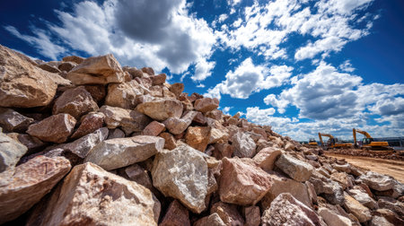 A vibrant image showcasing a pile of rocks against a bright, partly cloudy sky. Construction equipment operates in the background, emphasizing industrial activity in a natural setting.の素材