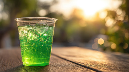 A vibrant green beverage filled with ice sits in a plastic cup, capturing the warmth of a sunset. The bokeh background adds a serene touch to this refreshing drink perfect for summertime gatherings.の素材