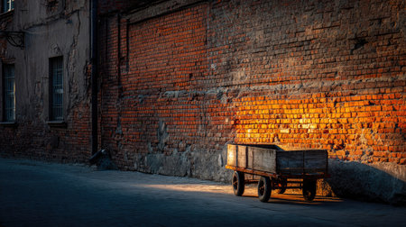 A rustic wooden cart rests against a weathered brick wall, bathed in warm evening light. This scene captures urban decay and tranquil beauty in a forgotten corner.の素材