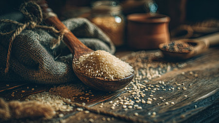 A rustic wooden spoon holds fresh uncooked rice against a cozy kitchen backdrop. Ideal for culinary themes, cooking blogs, and food photography.の素材