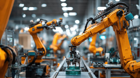 A vibrant scene showing industrial robots at work on an assembly line in a modern factory. The orange robotic arms exemplify automation and efficiency in production.の素材