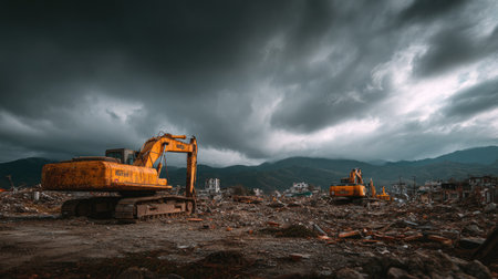 Heavy excavators operate on a demolition site surrounded by debris and rubble. Dark clouds loom in the sky, creating a dramatic atmosphere in this industrial landscape.の素材