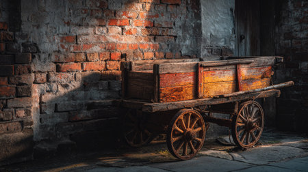 An evocative scene featuring a rustic wooden cart against a weathered brick wall, illuminated by soft light, capturing the charm of bygone days and craftsmanship.の素材