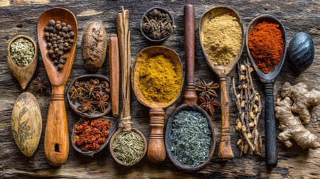 This vibrant arrangement showcases a variety of spices and herbs in wooden bowls and spoons, perfect for culinary uses and food styling.の素材
