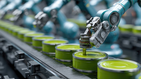 This image showcases an industrial robot arm meticulously filling green paint cans on a high-tech production line, highlighting advancements in automation.の素材
