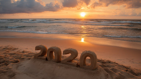 A tranquil beach scene showcasing the numeral 2020 carved in sand, illuminated by a warm sunset over the ocean waves. Perfect for summer vacation themes.の素材
