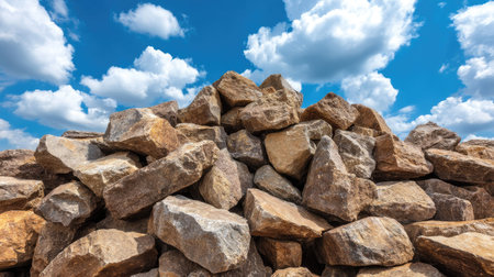 A striking pile of natural stones contrasts beautifully with a bright blue sky dotted with fluffy white clouds, perfect for illustrating earthy themes in various projects.の素材