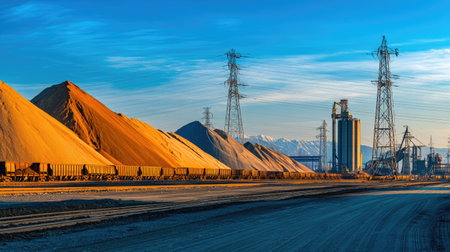 A stunning industrial landscape featuring vibrant piles of raw materials such as sand and gravel, surrounded by freight cars and power lines under a blue sky.の素材
