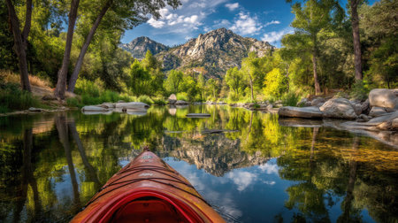 Enjoy a peaceful kayaking journey through lush forests and serene waters. This stunning landscape showcases reflective waters surrounded by majestic mountains and vibrant trees.の素材