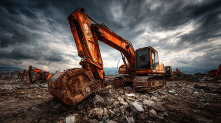 A rusty excavator stands as a testament to forgotten work in an industrial setting. This scene showcases the heavy machinery amidst a rocky terrain and a dramatic sky.の素材