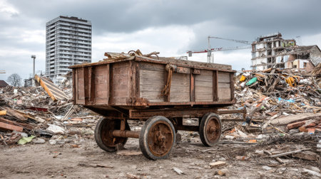 An abandoned cart sits in the foreground of a demolition site, surrounded by rubble and debris. A stark contrast to the modern urban backdrop, this scene captures decay and transformation.の素材