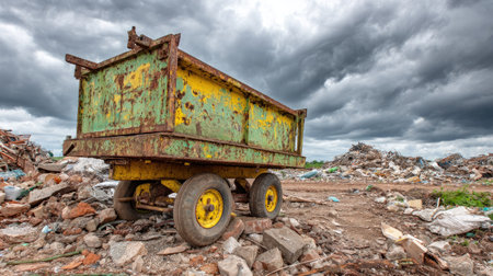 A rusty dumpster sits abandoned amid a cluttered trash landscape under a moody gray sky, reflecting environmental neglect and the challenges of waste disposal.の素材