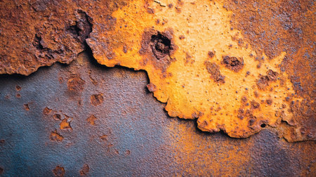 Close-up view of a rusted metal surface showcasing vibrant orange and brown hues with unique textures and patterns, highlighting natural decay and age.の素材