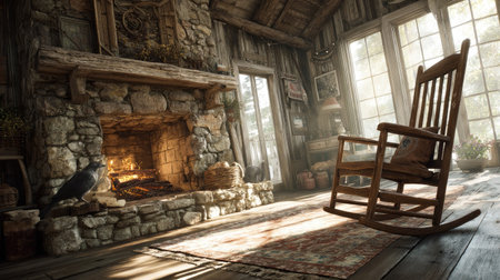 A cozy rustic living room featuring a stone fireplace, vintage rocking chair, and warm sunlight streaming in, perfect for relaxation and comfort.の素材