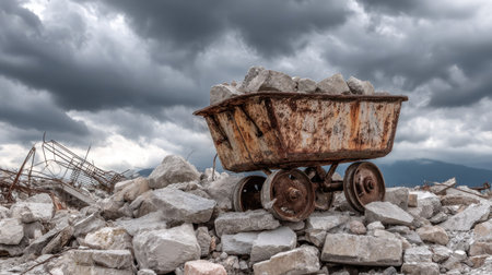 A weathered wheelbarrow filled with rocks rests atop a mound of debris. Dark clouds loom overhead, creating a dramatic contrast in this construction scene.の素材