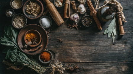 A captivating arrangement of assorted spices and herbs on a rustic wooden table, featuring vibrant colors and natural textures, perfect for culinary inspiration.の素材