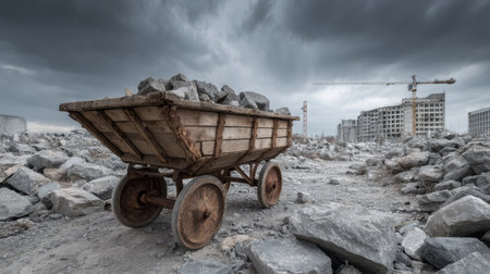 A weathered wheelbarrow filled with rocks stands on a desolate construction site under dramatic clouds, showcasing the challenges of urban development.の素材