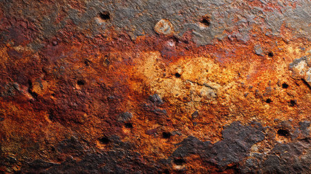 This image features a close-up of a rusty metal surface showcasing a rich display of orange and brown tones, highlighting pitted textures and industrial decay.の素材