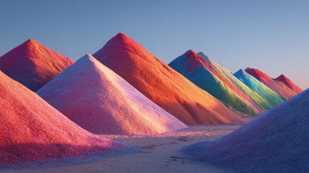 Beautiful scene of vibrant mineral mounds at sunset creates a striking visual impact. The colorful peaks showcase nature's artistic patterns against a serene sky.の素材