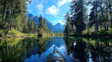 Experience a tranquil kayaking adventure on a calm lake surrounded by towering trees and majestic mountains, reflecting the vibrant blue sky and creating a peaceful atmosphere.の素材