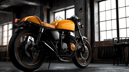 This striking vintage motorcycle features a sleek yellow design set against an industrial background. Perfect for showcasing automotive style and adventure.の素材