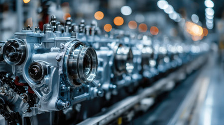 A detailed view of the engine manufacturing process in a modern factory. High-tech machinery, precision parts, and innovative workflows showcase the complexity of industrial production.の素材