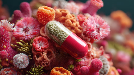 A striking image featuring a colorful capsule nestled among vibrant coral-like forms, symbolizing the intersection of nature and medicine in a captivating, imaginative setting.の素材