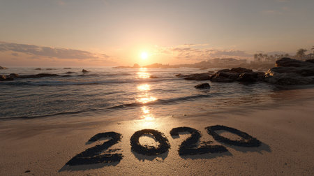 A stunning beach scene at sunset featuring the year 2020 beautifully written in sand. The calm waves and warm colors create a peaceful atmosphere perfect for relaxation.の素材