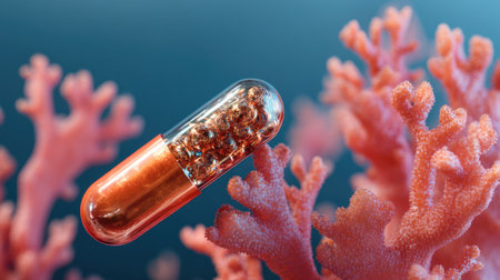 This close-up image features a transparent capsule hovering above a vibrant coral reef. The underwater scene highlights the intricate details of coral and marine life, emphasizing the connection between medicine and nature.の素材