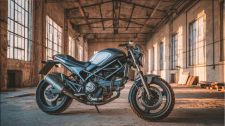 A sleek black motorcycle stands confidently in an abandoned industrial space, showcasing modern design and powerful engineering. The sunlight casts dynamic shadows.の素材