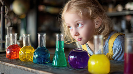 A young child gazes with curiosity at vibrant colorful liquids in glass beakers, capturing the joy of exploration and the excitement of discovery in science.の素材