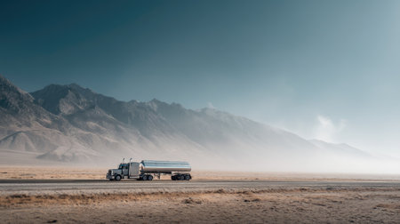 A solitary truck navigates an empty road surrounded by majestic mountains and clear skies. This tranquil scene captures the essence of freedom in travel and adventure.の素材