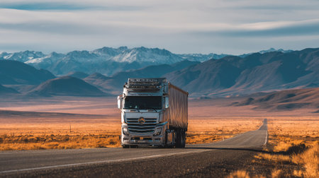 A striking image of a truck driving along a long highway with majestic mountains in the background, embodying adventure and the spirit of the open road.の素材