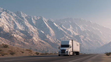 A freight truck navigates a highway surrounded by majestic snowy mountains. This serene landscape captures the essence of transportation in a natural setting.の素材