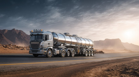 A sleek silver tanker truck navigates a remote road, set against a stunning mountainous landscape and a dramatic sky, showcasing its industrial strength and modern design.の素材