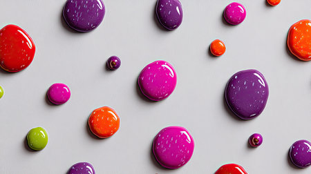 Colorful paint drops of various sizes and shades create a vibrant visual on a light gray surface. Ideal for artistic and creative projects.の素材