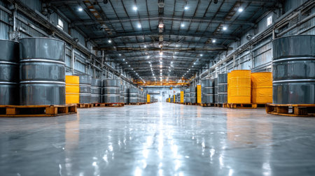 A spacious industrial warehouse features gray and yellow storage drums arranged on wooden pallets, showcasing a clean and organized interior ideal for logistical operations.の素材