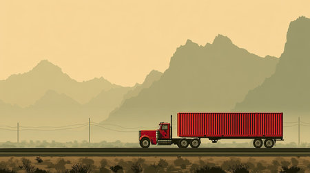 A red truck transports cargo along a deserted road, surrounded by majestic mountains. This minimalist illustration captures the essence of adventure and open landscapes.の素材