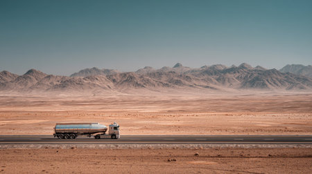 A lone truck travels along a highway in a vast desert expanse, surrounded by majestic mountains. The serene landscape captures the essence of adventure and exploration.の素材