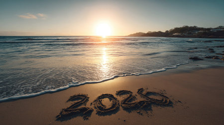 A peaceful sunset illuminates a beach where the year 2020 is written in the sand, symbolizing reflection and new beginnings amidst the gentle waves.の素材