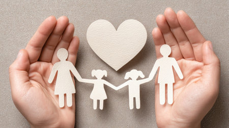 Two hands hold paper figures representing a loving family and a heart shape. This image symbolizes unity, support, and affection in family relationships.の素材