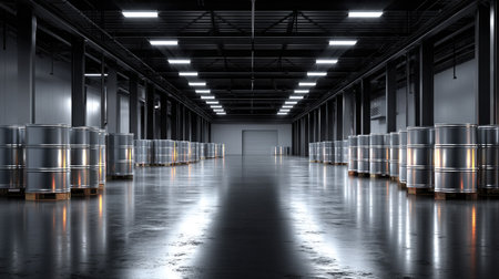 Spacious industrial warehouse interior featuring metal drums aligned neatly along a smooth floor, showcasing modern lighting and a clean, organized environment.の素材