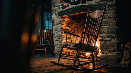 A cozy wooden rocking chair placed near a warm stone fireplace, creating a serene atmosphere for relaxation. Ideal for evoking nostalgia and comfort.の素材