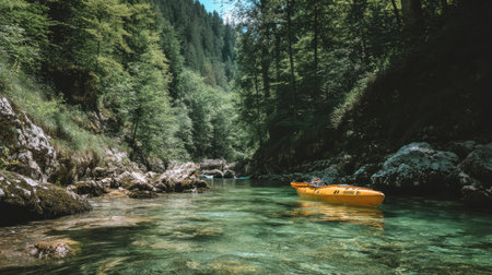 Captivating river view featuring a yellow kayak surrounded by lush greenery and clear water, perfect for showcasing outdoor adventure and nature's beauty.の素材